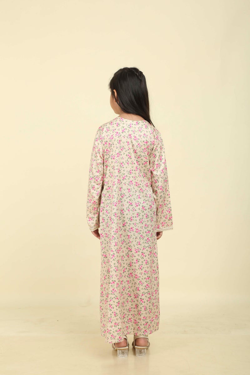 HANA & SARA Girls Satin Digital Print Floral Arabic Jalabiya – Lightweight Modest Wear Dress - Image 2